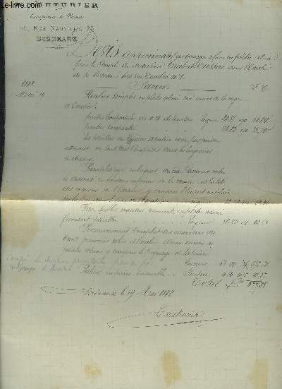 2 DEVIS MANUSCRITS DE P.COUTURIER ENTREPRENEUR DE PLATRERIE BORDEAUX DATANT DE 1881 ET 1882 - DEVIS SIGNES + MEMOIRE DES TRAVAUX DE PLATRERIE EXECUTES POUR LE COMPTE DE MONSIEUR TRABUT CUSSAC - DATANT DE 1882.