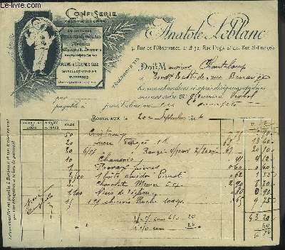 LOT DE 5 FACTURES DE ANATOLE LEBLANC CONFISERIE FRUITS CONFITS - DATANT DE 1906 - DESTINEE A MONSIEUR CHANTELOUP.