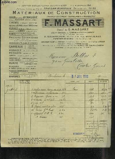 UNE LETTRE DE F.MASSART SUCCESSEUR DE G.MASSART MATERIAUX DE CONSTRUCTION - DATANT DE 1933 - DESTINEE A MONSIEUR DELBOS.