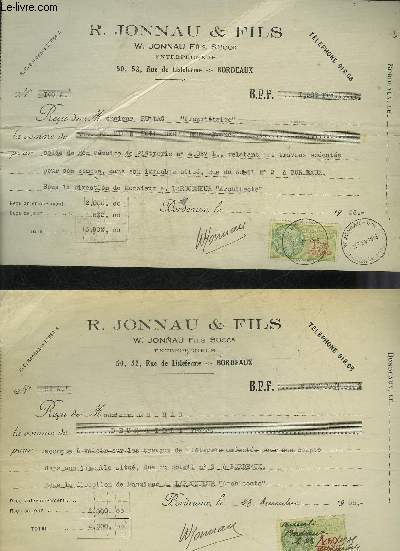 LOT DE 2 RECUS DE R.JONNEAU & FILS BORDEAUX A MONSEUR RULLAC - DATANT DE 1936.