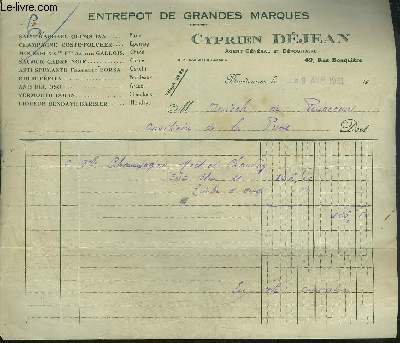 UNE FACTURE DE CYPRIEN DEJEAN ENTREPOT DE GRANDES MARQUES BORDEAUX - DATANT DE 1931 - DESTINEE A L'AMICALE DE REDACTEUR AUXILIAIRE DE LA PRESSE.