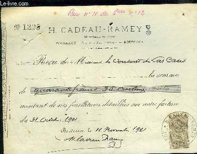 UN RECU DE MESSIEURS LES CONSORTS DE LAS CASES - H.CADEAU-RAPEY - DATANT DE 1901 - AVEC TIMBRRE 10C.