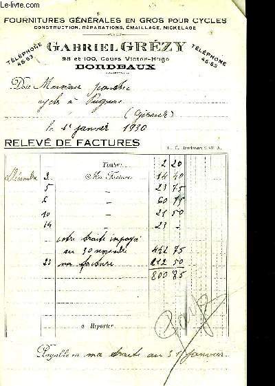 LOT DE 2 FACTURES DE GABRIEL GREZY BORDEAUX FOURNITURES GENERALES EN GROS POUR CYCLES - DATANT DE 1930 - DESTINEE A MONSIEUR JEANDRIE.