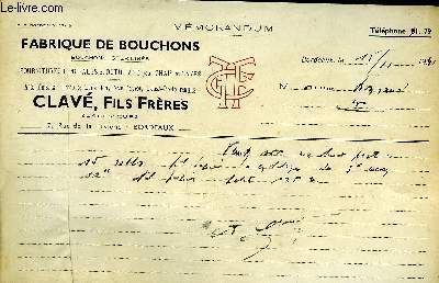 UNE LETTRE MANUSCRITE SIGNEE DE CLAVE FILS FRERES FABRIQUE DE BOUCHONS BORDEAUX - DATANT DE 1941 .