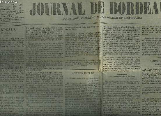 JOURNAL DE BORDEAUX POLITIQUE COMMERCIAL MARITIME ET LITTERAIRE 7EME ANNEE N2801 VENDREDRI 28 FEVRIER 1868 - Courrier de Paris - corps lgislatif suite du compte rendu analytique de la sance du 22 fvrier 1868 - nouvelles du jour etc.