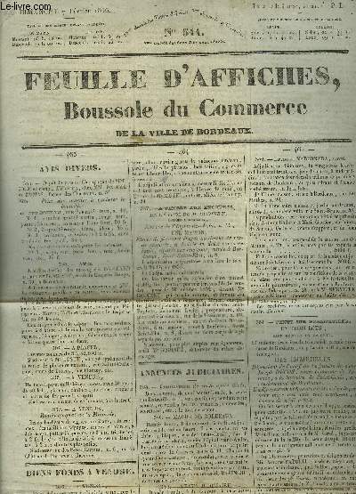 FEUILLES D'AFFICHES BOUSSOLE DU COMMERCE DE LA VILLE DE BORDEAUX N511 DIMANCHE 7 FEVRIER 1836 -