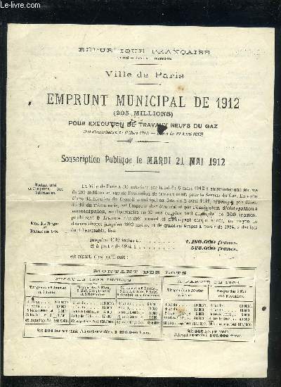 UNE PLAQUETTE : REPUBLIQUE FRANCAISE VILLE DE PARIS EMPRUNT MUNICIPAL DE 1912 (205 MILLIONS) POUR EXECUTION DE TRAVAUX NEUFS DU GAZ .