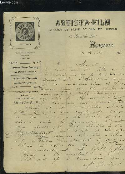 UNE LETTRE MANUSCRITE SIGNEE DE ARTISTA-FILM ATELIER DE PRISE DE VUE ET BUREAU - DATANT DE 1914.