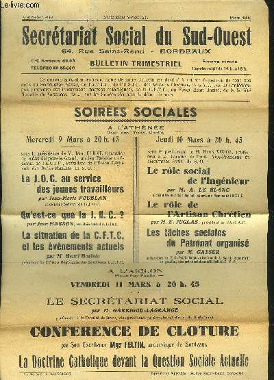 UNE AFFICHE PROGRAMME : SECRETARIAT SOCIAL DU SUD OUEST - SOIREES SOCIALES A L'ATHENEE.