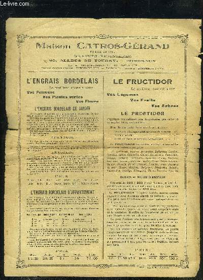 UNE PUBLICITE DE DEUX PAGES : MAISON CATROS-GERAND FONDEE EN 1785 GRAINES PEPINIERES.