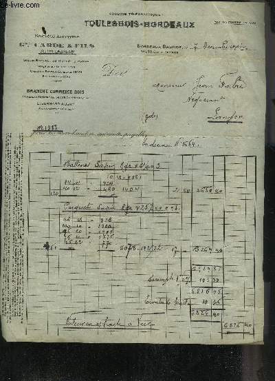 UNE FACTURE DE TOULESBOIS-BORDEAUX DATANT DE 1927 - DESTINEE A MONSIEUR JEAN FABRE.