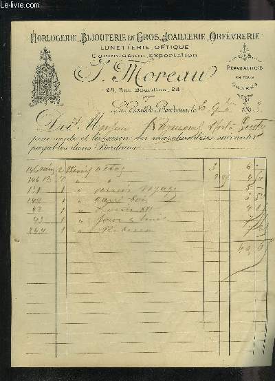 LOT DE 2 FACTURES DE J.MOREAU HORLOGERIE BIJOUTERIE EN GROS JOAILLERIE ORFEVRERIE LUNETTERIE OPTIQUE BORDEAUX - DATANT DE 1893 - DESTINEE A MONSIEUR RAYMOND.