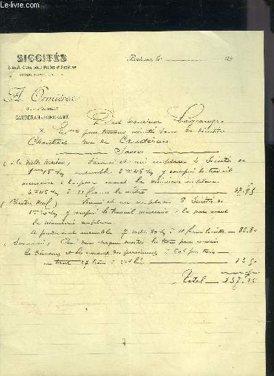 UNE LETTRE DE ACHILLE ORMIERES FILS SICCITES RENVOIS D'EAU POUR PORTES ET FENETRES - DESTINEE A MONSIEUR LAGRANGE - LETTRE NON SIGNEE.