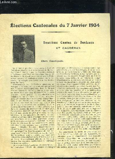 ELECTIONS CANTONALES DU 7 JANVIER 1934 - DEUXIEME CANTON DE BORDEAUX ET CAUDERAN.