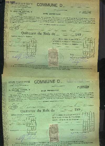 LOT DE 2 QUITTANCES DE 1894 COMPAGNIE DU GAZ DE BORDEAUX - COMMUNE DE CAUDERAN - MONSIEUR MURAINE 10 RUE DE LA MAIRIE.
