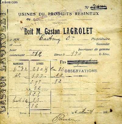 LOT DE 8 FACTURES DE M.GASTON LAGROLET USINES DE PRODUITS RESINEUX - DATANT DE 1920 - DESTINEE A MONSIEUR CASTAING.