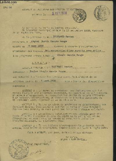 UN DOCUMENT DE UNE PAGE : EXTRAIT DU REGISTRE DES ARRETES DU MAIRE EN DATE DU 5 AVRIL 1938.