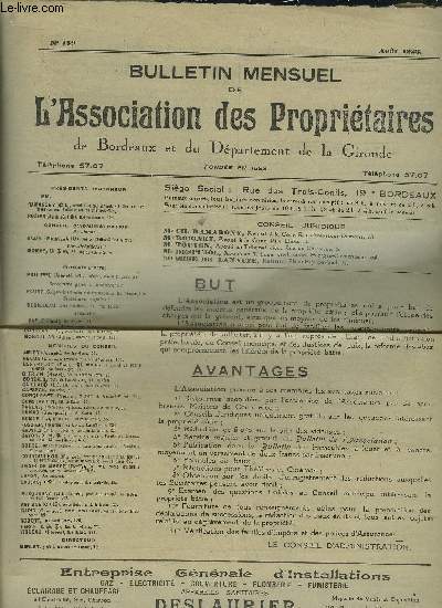 BULLETIN MENSUEL DE L'ASSOCIATION DES PROPRIETAIRES DE BORDEAUX ET DU DEPARTEMENT DE LA GIRONDE N159 AOUT 1926 - Assemble gnrale extraordinaire du 24 juillet 1926 - loi du 30 juin 1926 sur la proprit commerciale - revue de la presse - expulsions etc