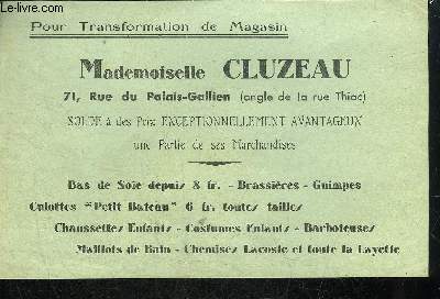 UNE PUBLICITE : MADEMOISELLE CLUZEAU 71 RUE DU PALAIS GALLIEN BORDEAUX.