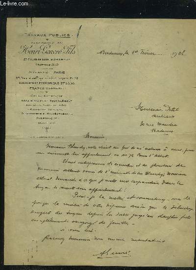 UNE LETTRE MANUSCRITE SIGNEE DE HENRI GENVRE FILS TRAVAUX PUBLICS - DESTINEE A MONSIEUR PETIT - DATANT DE 1928.