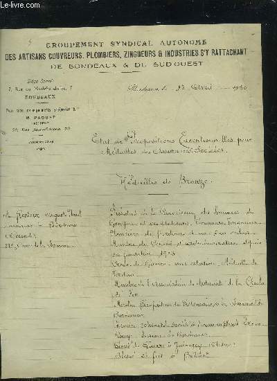 UNE LETTRE MANUSCRITE DU GROUPEMENT SYNDICAL AUTONOME DES ARTISANS COUVREURS PLOMBIERS ZINGUEURS & INDUSTRIES S'Y RATTACHANT DE BORDEAUX & DU SUD OUEST - DATANT DE 1930 - ETAT DE PROPOSITIONS EXCEPTIONNELLES POUR MEDAILLES DES ASSURANCES SOCIALES.