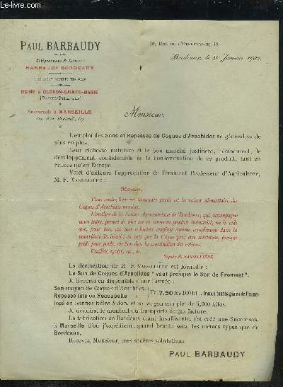 UNE LETTRE IMPRIMEE DE PAUL BARBAUDY BORDEAUX - DATANT DE 1902.