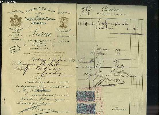 UNE LETTRE AVEC RELEVES SEMESTRIELS DE LADIES TAILOR TROUSSEAUX ROBES MANTEAUX MODES - DATANT DE 1926 - DESTINEE A MONSIEUR TRABUT.