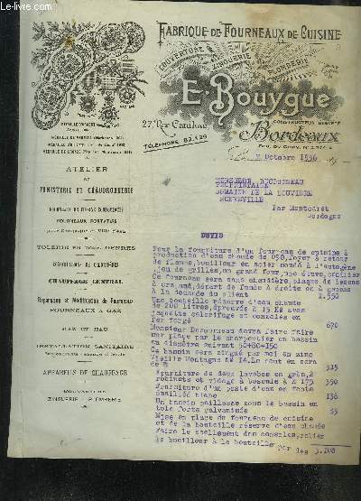 UNE LETTRE DACTYLOGRAPHIEE DE E.BOUYGUE FABRIQUE DE FOURNEAUX DE CUISINE - DATANT DE 1936 - DESTINEE A MONSIEUR DUCOUNEAU .