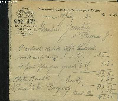 LOT DE 4 FACTURES DE GABRIEL GREZY FOURNITURES GENERALES EN GROS POUR CYCLES - DATANT DE 1930 - DESTINEE A MONSIEUR JEANTRIE.