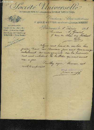 LOT DE 2 LETTRES DE LA SOCIETE UNIVERSELLE RENSEIGNEMENTS COMMERCIAUX SYSTEME BREVETE SGDG - DATANT DE 1891 - DESTINEE A MONSIEUR A.GENIES - LETTRE SIGNEE.