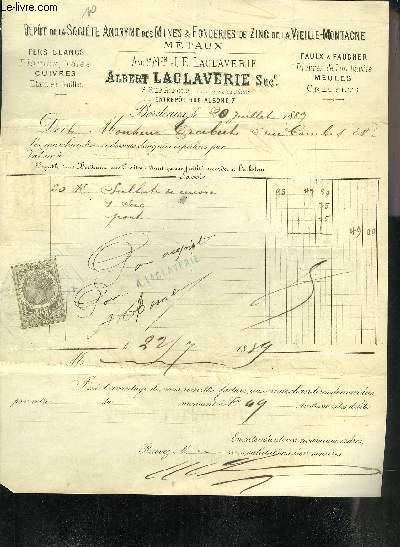 UNE FACTURE DE ALBERT LACLAVERIE SUCCESSEUR ANCIENNE MAISON J.E.LACLAVERIE - DATANT DE 1889 - DESTINEE A MONSIEUR TRABUT.
