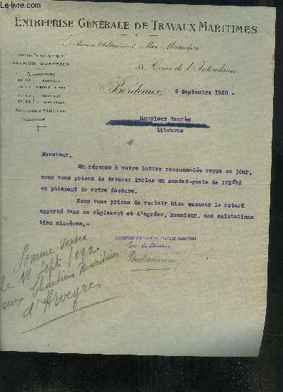 UNE LETTRE DE L'ENTREPRISE GENERALE DE TRAVAUX MARITIME ANCIENS ETABLISSEMENTS MAX MORANDIERE BORDEAUX - DATANT DE 1920 - DESTINEE A MONSIEUR TAURES.