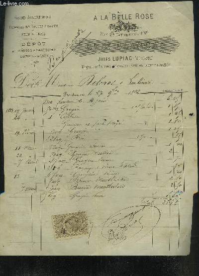 LOT DE 2 FACTURES DE GD ST BLANCAT JULES LUPIAC RUE STE CATHERINE A LA BELLE ROSE - DATANT DE 1882 - DESTINEE A MONSIEUR DELCROS.