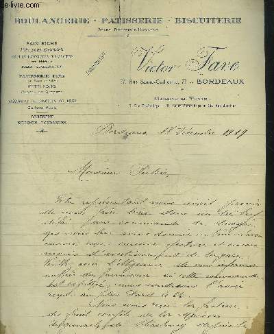 UNE LETTRE MANUSCRITE DE VICTOR FAVE BOULANGERIE PATISSERIE BISCUITERIE BORDEAUX - DATANT DE 1919 - DESTINEE A MONSIEUR PUTOIS - LETTRE SIGNEE.