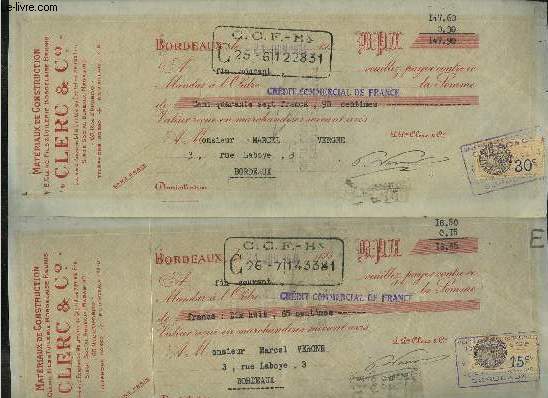 LOT DE 2 MANDATS DE CLERC & CIE MATERIAUX DE CONSTRUCTION - DESTINEE A MONSIEUR MARCEL VERGNE - AVEC TIMBRE 30C ET 15C - MANDATS SIGNES.