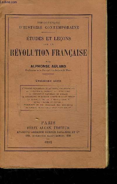 ETUDES ET LECONS SUR LA REVOLUTION FRANCAISE - TROISIEME SERIE - COLLECTION BIBLIOTHEQUE D'HISTOIRE CONTEMPORAINE.