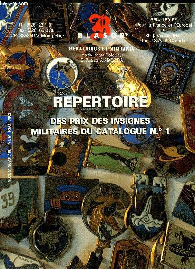 REPERTOIRE DES PRIX DES INSIGNES MILITAIRES DU CATALOGUE N1 - BLASOR HERLADIQUE ET MILITARIA.