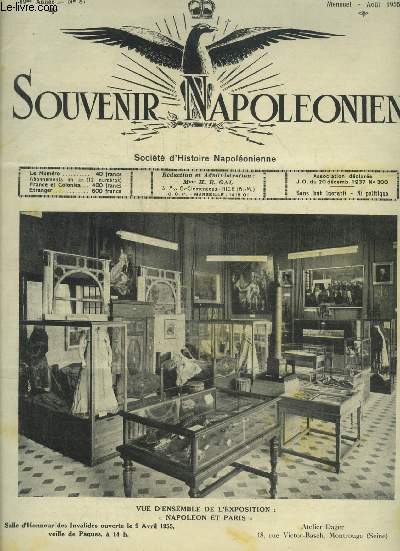 SOUVENIR NAPOLEONIEN N 87 AOUT 1955 - Exposition Napolonienne aux Invalides 1955 Napolon et Paris - Napolon III et Pasteur par le Dr Flammarion - Napolon crivain - souvenir napolonien - l'Amiral de Coligny et le Prince Napolon etc.