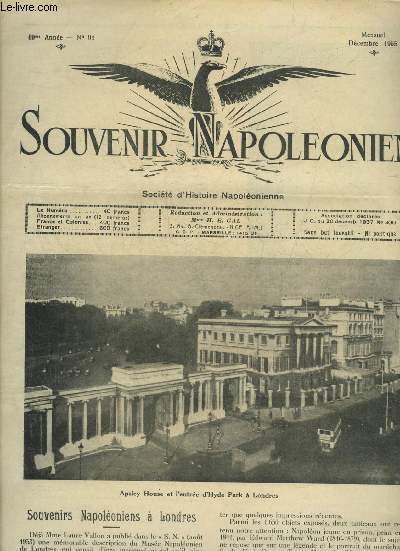 SOUVENIR NAPOLEONIEN N 91 DECEMBRE 1955 - Souvenirs Napoloniens  Londres - Napolon crivain par M.Mattei suite et fin - souvenir napolonien - le Marchal Randon - la tribune des curieux et des chercheurs - les livres d'histoire.