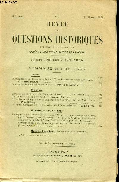 Revue N2 du 1er Octobre 1922. Articles de Marc Dubruel, Hyrvoix de Landosle, Jean Guiraud, Franois Rousseau, P-A Heiberg, G. Gallavresi, etc...