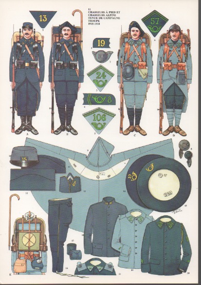 Planche 11. Chasseurs  pied et Chasseurs alpins, Tenue de campagne, Troupe, 1915-1918.