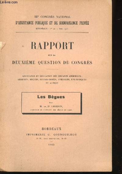 Rapport sur la Deuxime question du Congrs. Assistance et Education des enfants anormaux : Arrirs, bgues, sourds-muets, aveugles, pileptiques et autres. Assistance et Education des enfants Aveugles. IIIme Congrs National d'Assistance Publique et de