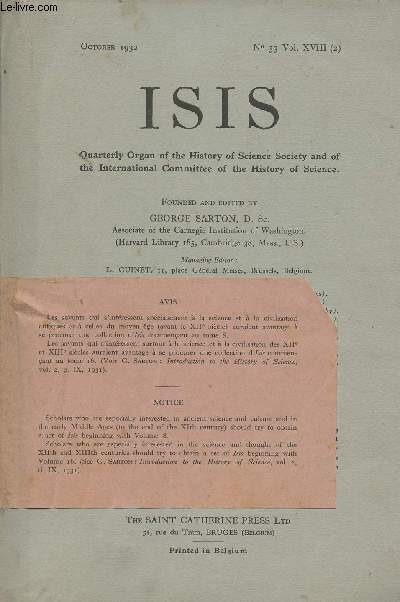 Isis, International Review devoted to the History of Science and Civilization - Oct. 1932 - n53 Vol. XVIII (2)