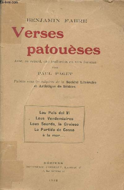 Verses patouses - Avec, en regard, une traduction en vers franais par Paul Paget