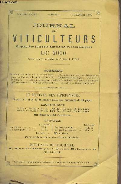 Journal des Viticulteurs, Organe des Intrts Agricoles et conomiques du Midi - 6e anne N1, 5 janv. 1886 - De l'emploi du sulfate de fer en agriculture - De l'action du cuivre sur l'conomie  propos du traitement du mildew (suite et fin) - Etudes amp