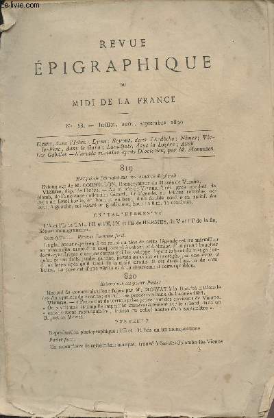 Revue Epigraphique du Midi de la France, n58 - Juil. aot sept. 1890 - Vienne, dans l'Isre - Lyon - Soyons, dans l'Ardche - Nmes - Vic-le-Fesc, dans le Gard - Lanujols, dans la Lozre - Auch - Les Gabales - L'arme romaine aprs Diocltien