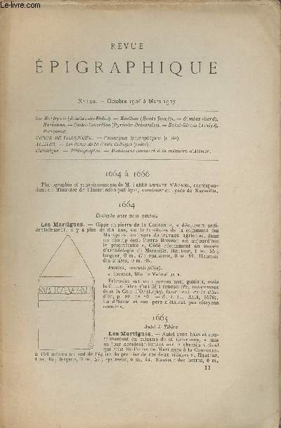 Revue Epigraphique du Midi de la France, n 120 - Octobre 1906  Mars 1907 - Les Martigues (Bouches-du-Rhne) - Menthon (Haute-savoie) - Combas (Gard) - Narbonne - Castel-Roussillon (Pyrnes Orientales) - Saint-Girons (Arige) - Prigueux - Hron de Vill