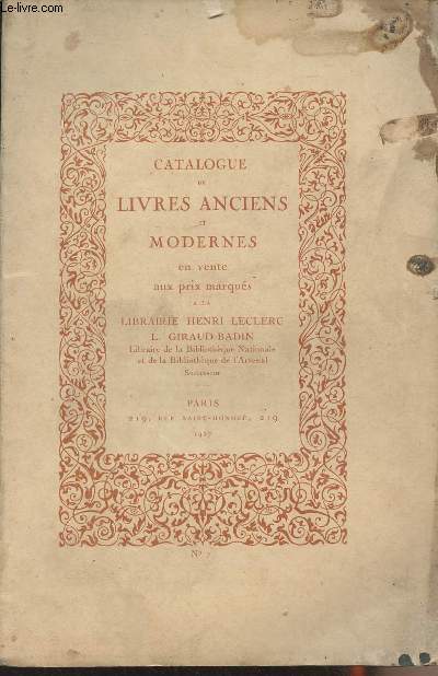 Catalogue de vente aux enchres : Catalogue de livres anciens et modernes en vente aux prix marqus  la Librairie Henri Leclerc L. Giraud-Badin - N7