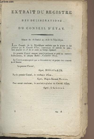 Extrait du registre des dlibrations du conseil d'Etat, sance du 20 Floral an 10 de la Rpublique