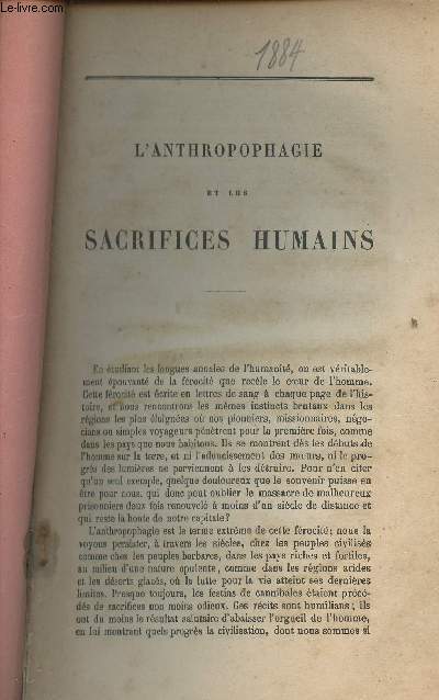 L'anthropophagie et les sacrifices humains - (1 article de la Revue des deux mondes, tome LXVI, 1884)